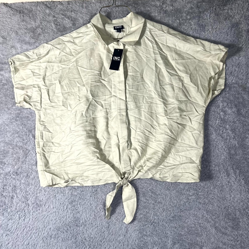 INC International Concepts Shirt Womens XL Beige Lightweight Tie Hem Button‎ Up